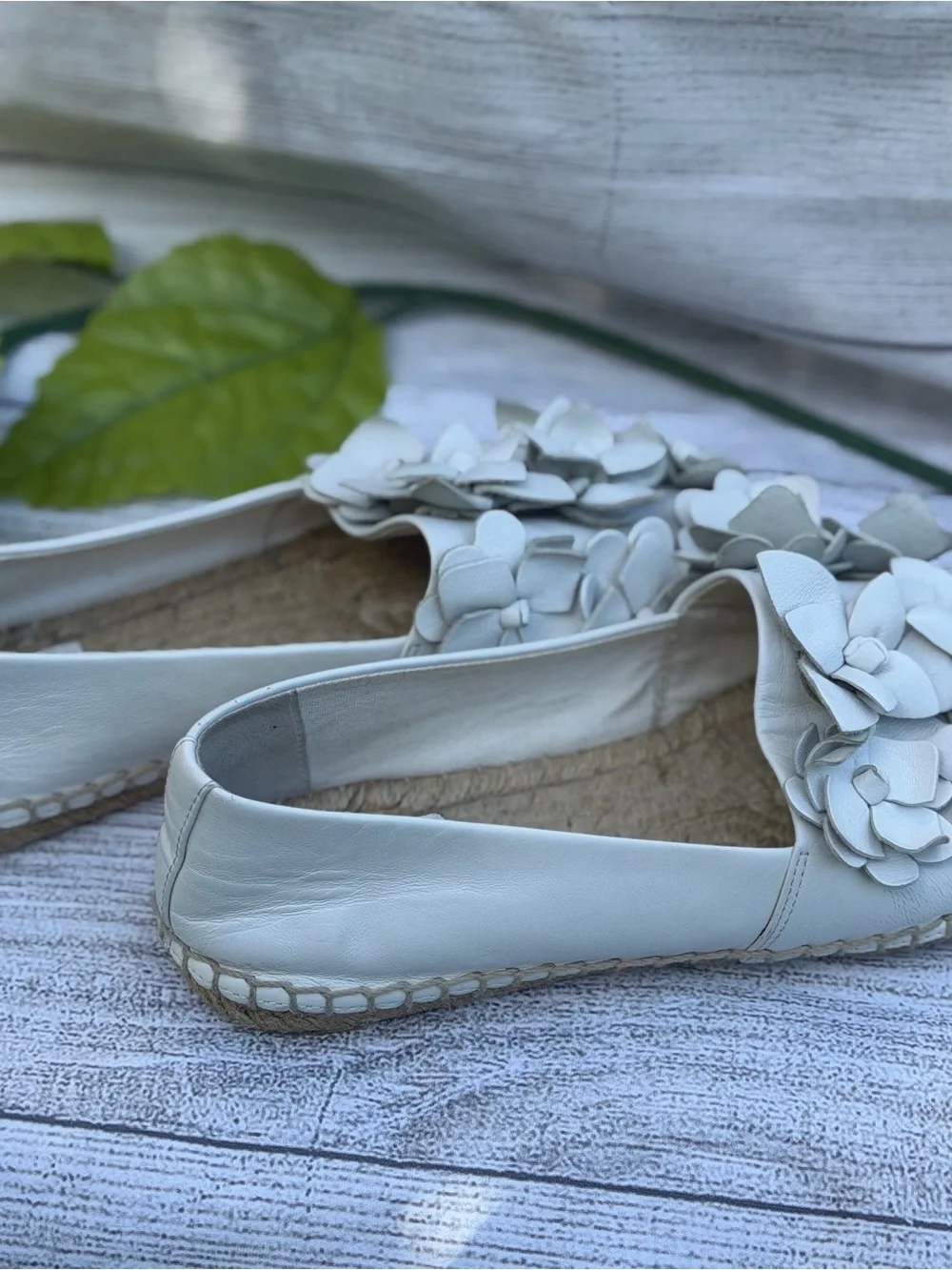 Tory Burch White Leather Floral Espadrille Flats